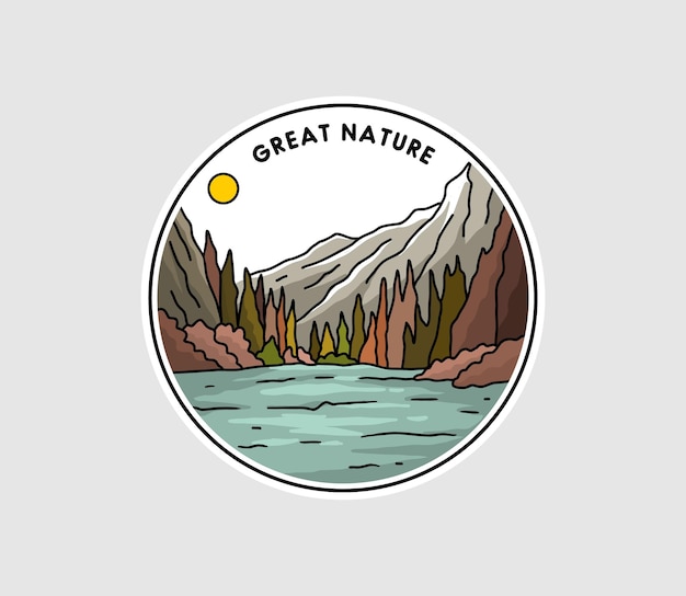 Ilustração de emblemas de montanha natural, design de adesivos ao ar livre com estilo monoline