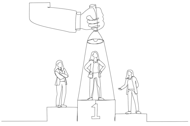 Ilustração de empresária no pódio um entre eles sendo iluminado por uma grande mão de cima usando lanterna estilo de arte de linha única
