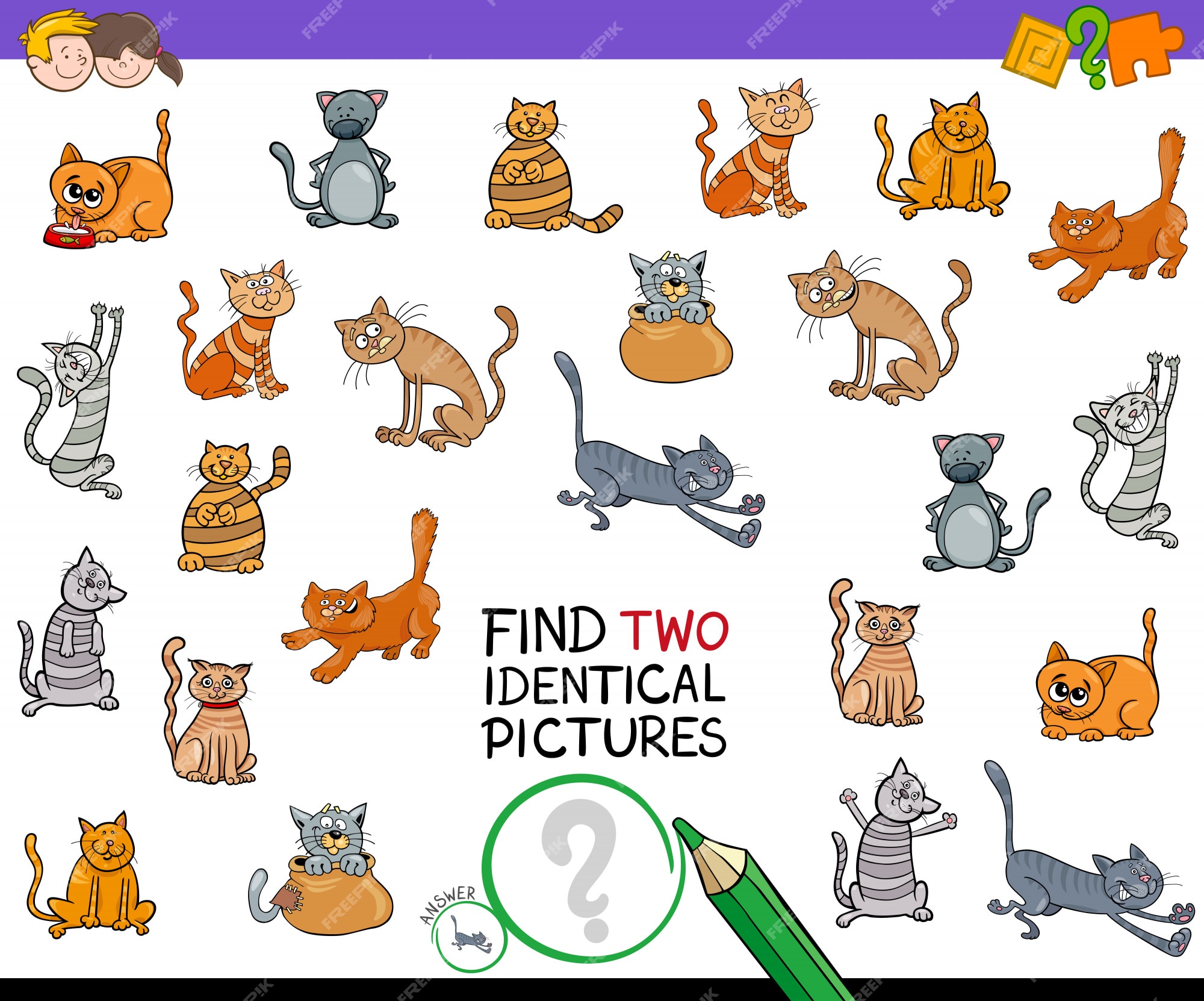 jogo de educação para crianças encontrar duas mesmas fotos gato fofo  9433752 Vetor no Vecteezy