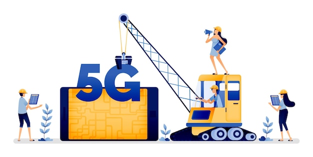 Vetor ilustração de engenheiro implementa tecnologia de sistema 5g com aplicativos móveis para facilitar a comunicação