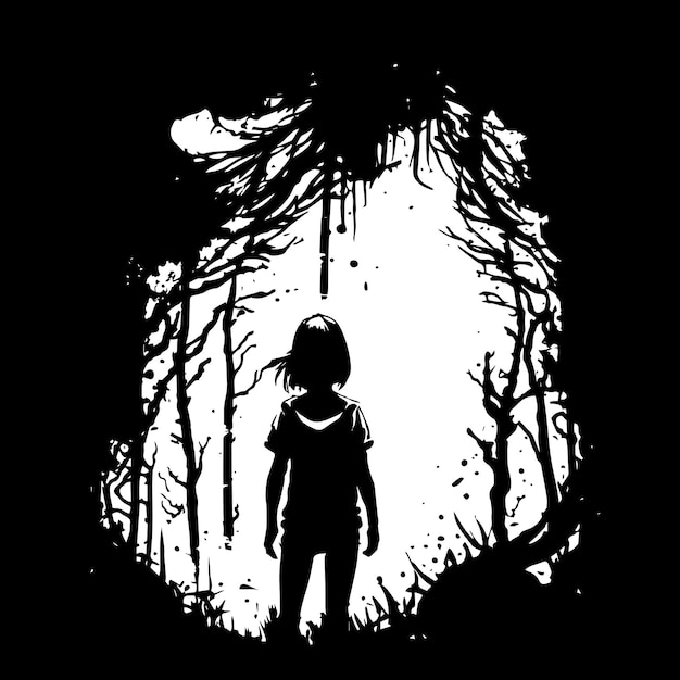 Ilustração de esboço vetorial preto e branco de garota andando no meio da floresta escura