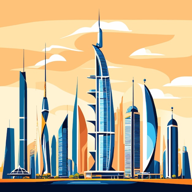Ilustração de estilo de desenho animado de arranha-céus da cidade de dubai