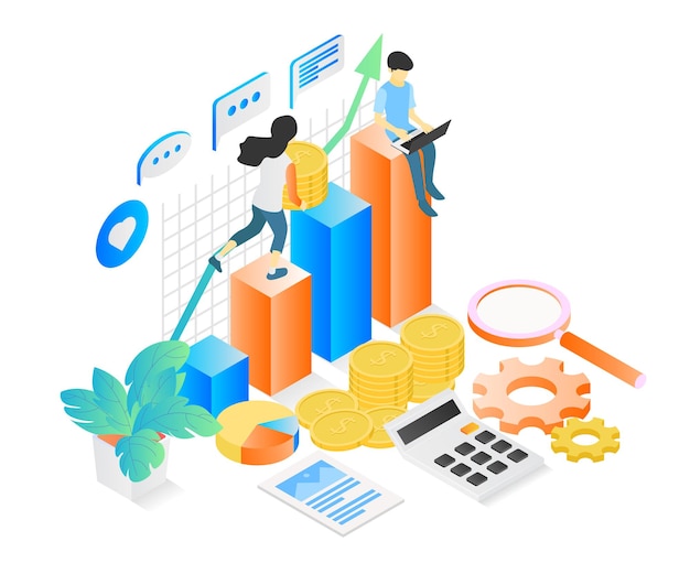 Ilustração de estilo isométrico sobre análise de negócios de investimento financeiro