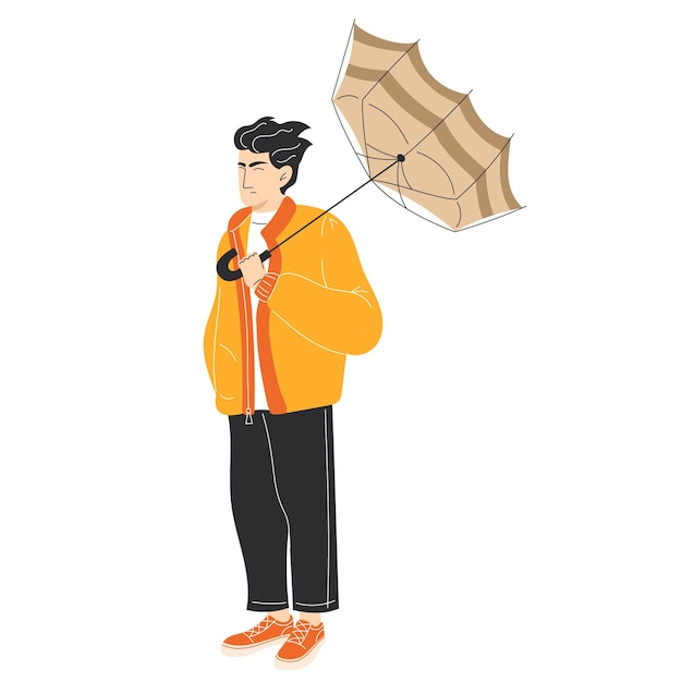 Ilustração de estilo plano de um homem em roupas casuais de moda lutando contra o vento com um guarda-chuva danificado