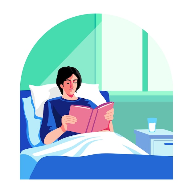Ilustração de estilo plano de um paciente lendo um livro