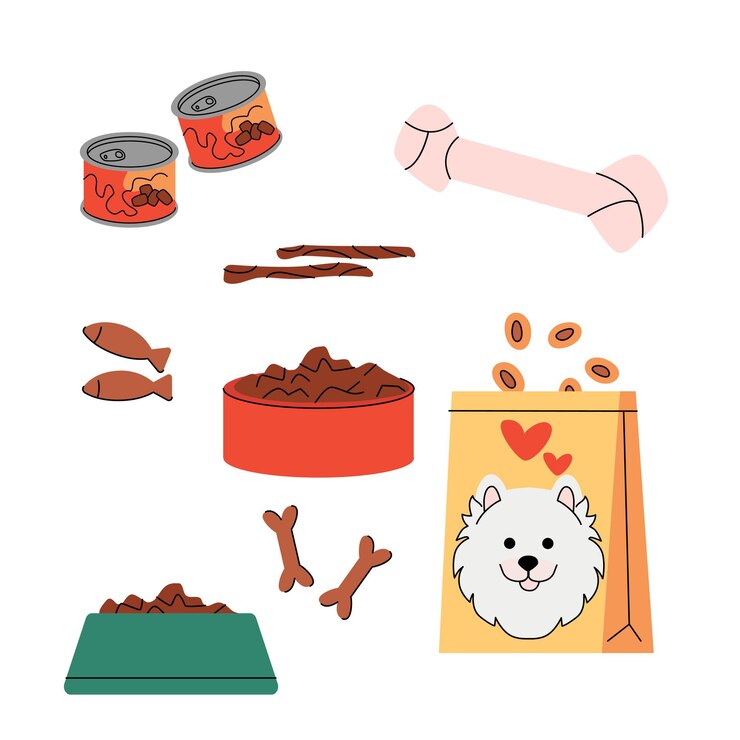 Vetor ilustração de estilo plano de vários itens de alimentos para animais de estimação, alimentos enlatados, croquetas, palitos de mascar, ossos e peixes