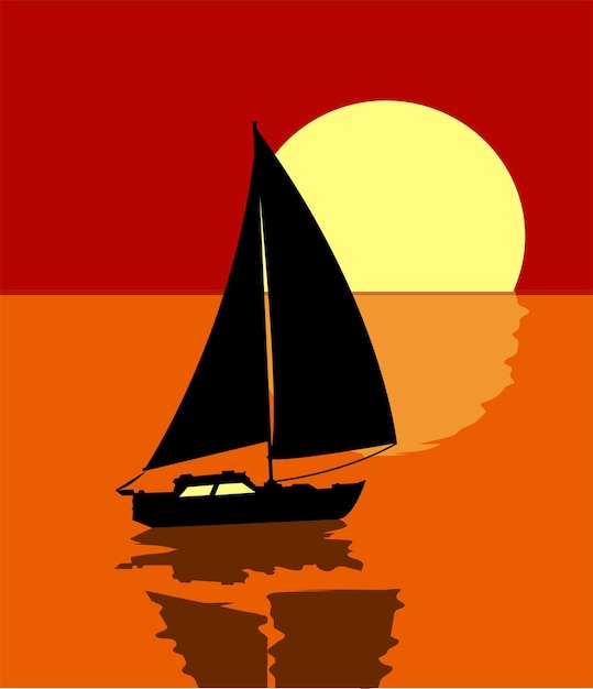 Vetor ilustração de estilo simples. silhueta de um barco à vela ao pôr do sol. um barco à vela flutuando no oceano.