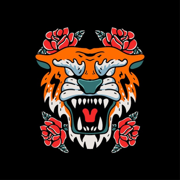 Ilustração de estilo vintage de tatuagem de tigre e rosa