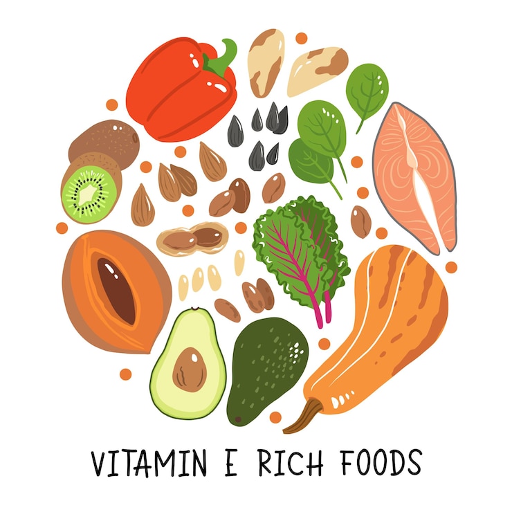 Vetor ilustração de estoque de vetor de vitamina e produtos alimentícios com alto teor de tocoferol kiwi mamey sapote acelga pimentão vermelho abacate abóbora nozes do brasil amendoim salmão