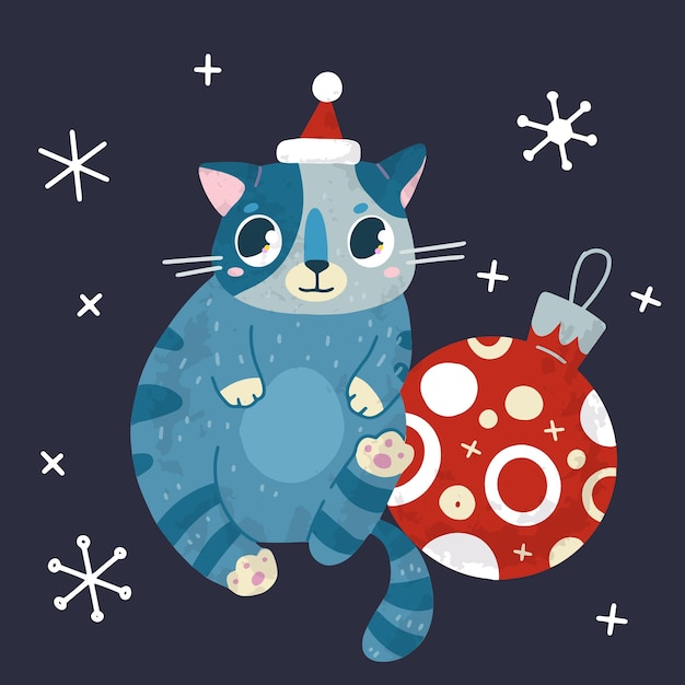 Ilustração de estoque vetorial de férias de natal e ano novo com gato fofo e neve estilo desenhado à mão para cartões de saudação pôsteres de inverno etiquetas convites etiquetas postagens de mídia social e álbuns de recortes