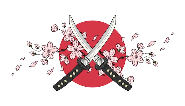 Ilustração de faca e sakura em estilo japonês