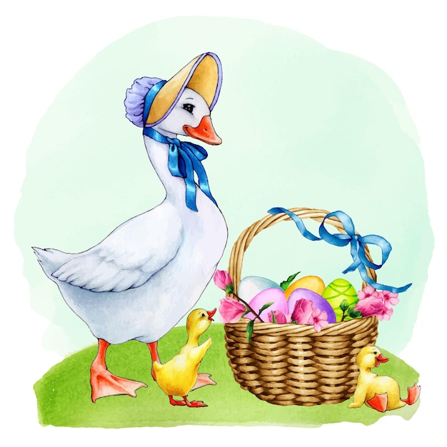 ilustração de família de ganso com cesta de páscoa