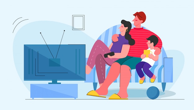 Ilustração de família tv. parentes no sofá em casa. mãe, pai e filho assistindo televisão.