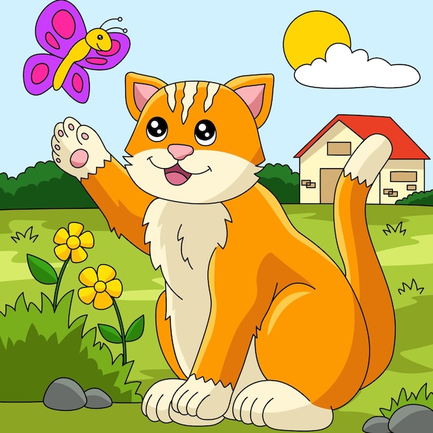 Ilustração de fazenda de desenho animado de gato colorido