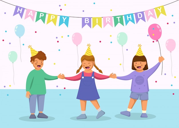 Vetor ilustração de feliz aniversário com crianças felizes