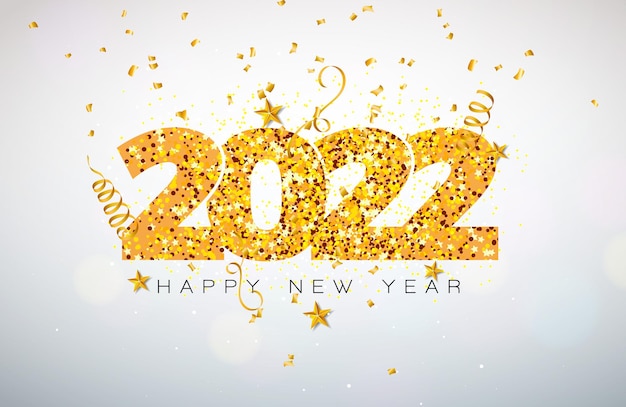 Ilustração de feliz ano novo de 2022 com confete e serpentina com número dourado brilhante e brilhante