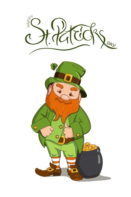 Ilustração de feliz dia de saint patricks. personagem de duende desenhada de mão com folha de trevo verde. ilustração vetorial.