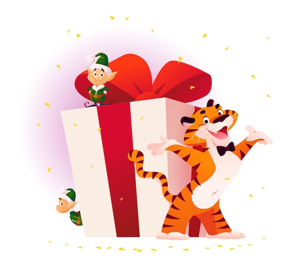 Ilustração de feliz natal com tigre e pequenos duendes de papai noel na caixa de presente grande isolada. estilo liso dos desenhos animados do vetor. para banners, cartões de venda, cartazes, etiquetas, web, folhetos, propaganda, etc.