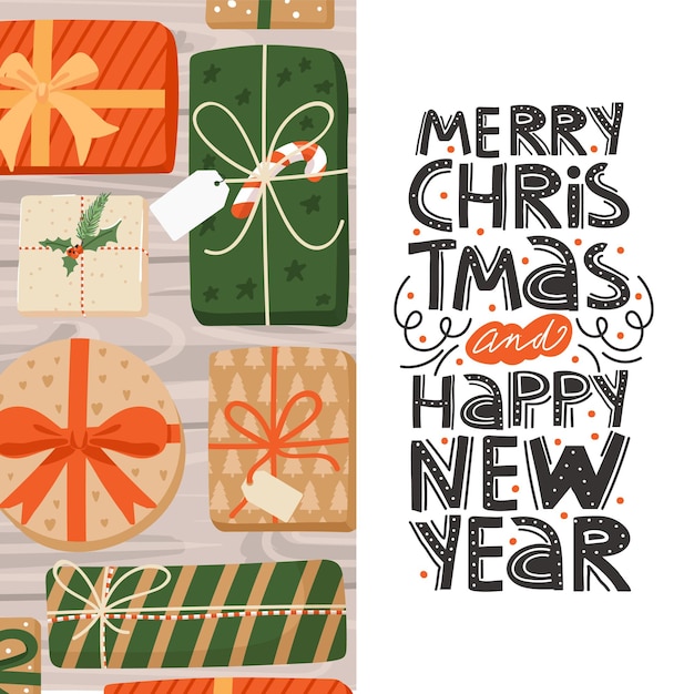 Ilustração de feliz natal e feliz ano novo com presentes e letras em fundo de madeira