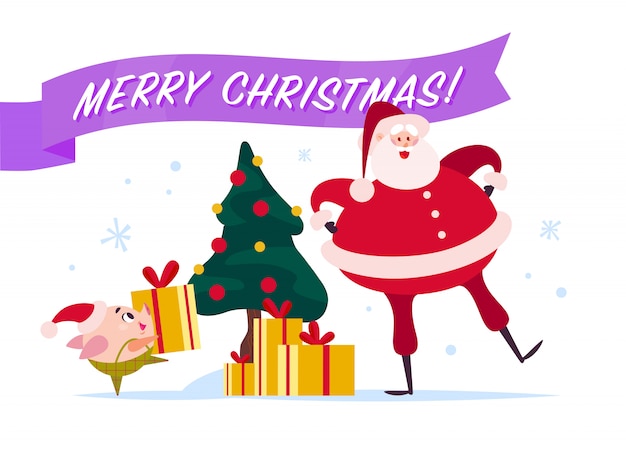 Ilustração de feliz natal plana com papai noel, elfo porco bonito