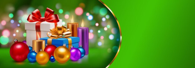 Ilustração de feriado com caixas de presentes com fitas e arco várias velas acesas bolas de Natal em um fundo verde desfocado com efeito bokeh faixa dourada e lugar para o texto