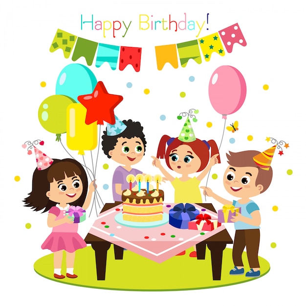 ilustração de festa de aniversário de crianças, decoração colorida e brilhante, crianças felizes se divertem juntos, meninas e meninos em estilo cartoon plana.