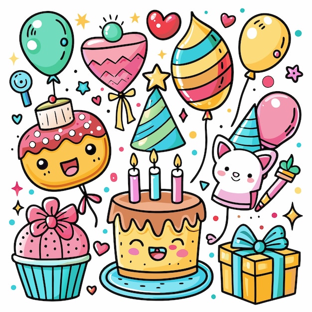 Ilustração de festa de aniversário de desenho animado com balões de bolo e presentes
