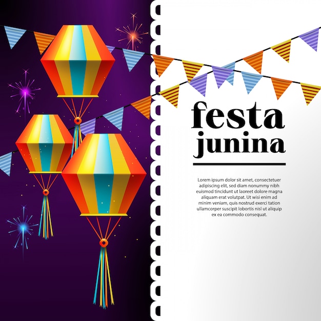 Ilustração de festa junina com bandeiras de festa e lanterna de papel