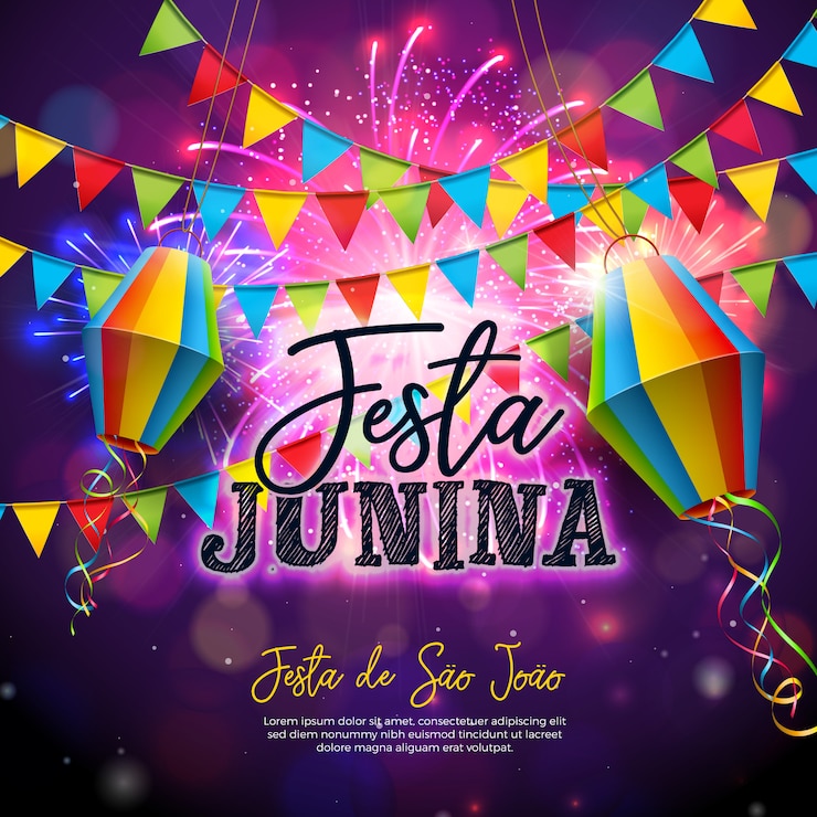 Vetor ilustração de festa junina com bandeiras e lanterna de papel