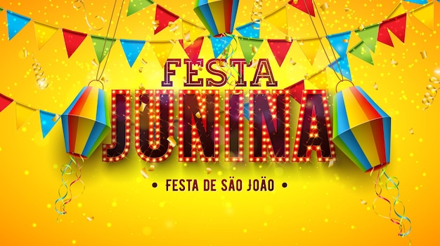 Ilustração de Festa Junina com Lanternas de Papel Bandeiras de Festa e Bulb Billboard Lettragem em fundo amarelo Vector Brasil São João Design de Festival de Junho para Banner de Cartão de Saudações ou Poster de Feriado