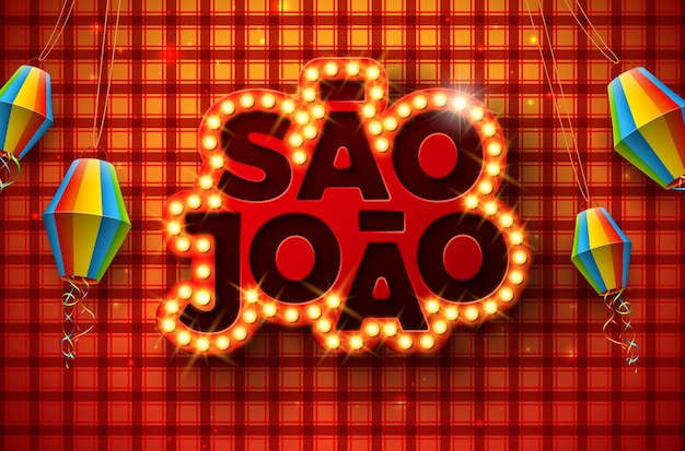 Vetor ilustração de festa junina são joão com lâmpada outdoor letteing em fundo xadrez vermelho