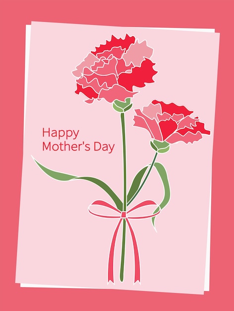 Ilustração de flor de cravo e design de cartão de feliz dia das mães em fundo rosa