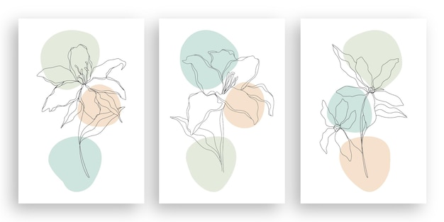 ilustração de flores de arte de linha minimalista com conjunto de design de folhas abstratas