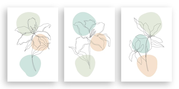 Ilustração de flores de arte de linha minimalista com conjunto de design de folhas abstratas