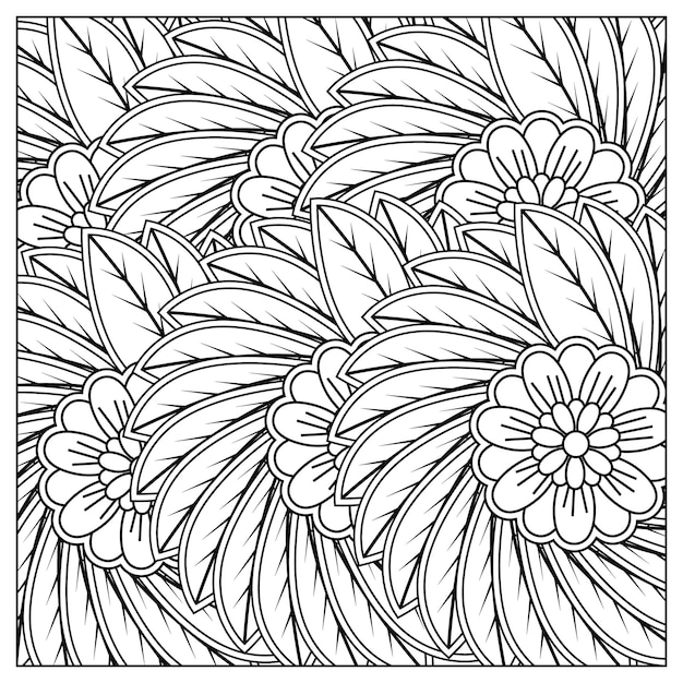 Ilustração de flores desenhadas à mão e livro de colorir de flores para adultos