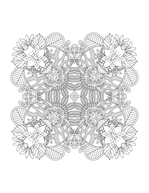 Ilustração de flores desenhadas à mão mandala para colorir interior para adulto e mandala kdp