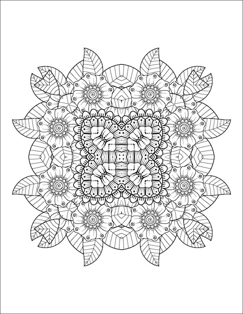 Ilustração de flores desenhadas à mão Mandala para colorir interior para adulto e mandala kdp