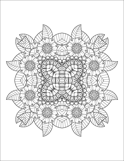 Ilustração de flores desenhadas à mão mandala para colorir interior para adulto e mandala kdp