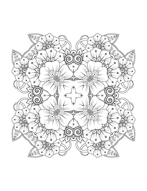 Ilustração de flores desenhadas à mão Mandala para colorir interior para adulto e mandala kdp