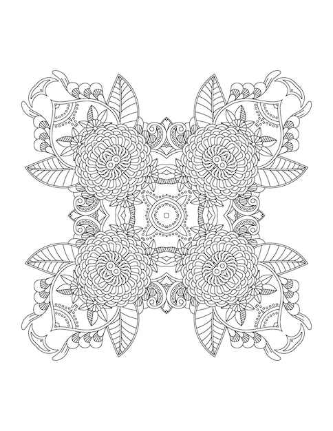 Ilustração de flores desenhadas à mão Mandala para colorir interior para adulto e mandala kdp