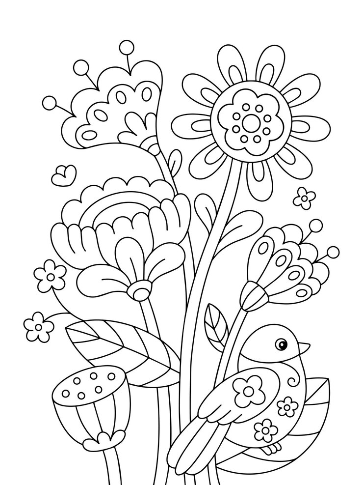 Vetor ilustração de flores e pássaros para colorir
