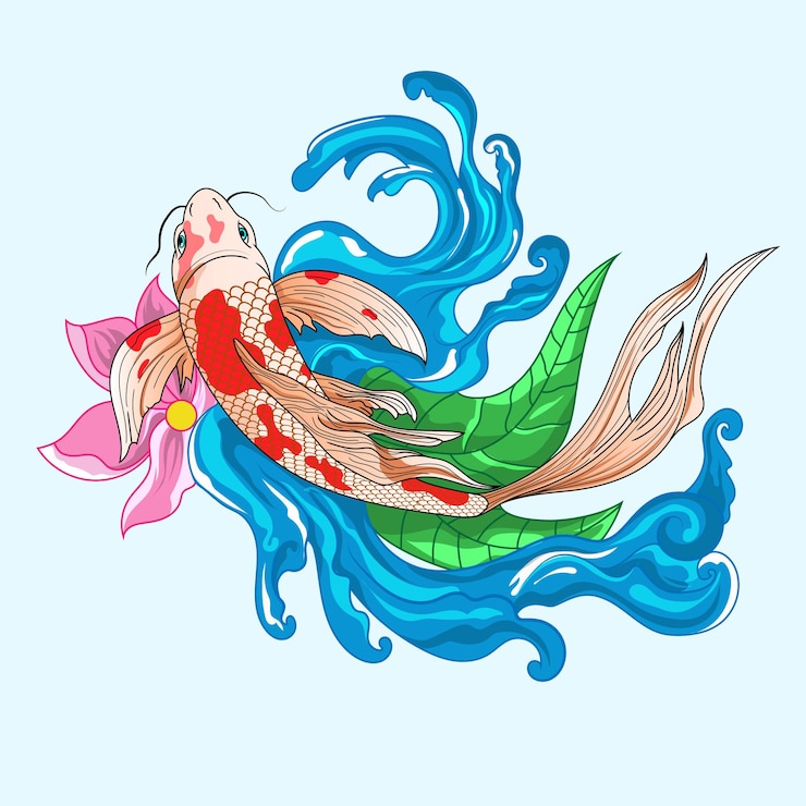 Vetor ilustração de flores japonesas de peixe koi desenhada à mão carpa koi colorida com lótus de respingo de água