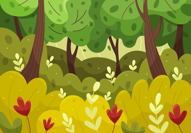 Ilustração de floresta com árvores, folhas e flores em estilo de desenho animado Ilustração vetorial para crianças crianças jardim de infância papel de parede embalagem e embrulho Paisagem horizontal de fundo