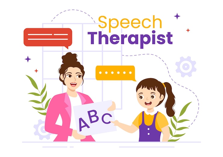 Vetor ilustração de fonoaudióloga com habilidades básicas de linguagem e problema de articulação de treinamento infantil