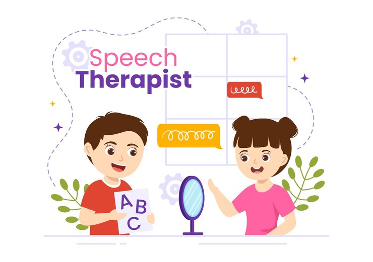 Vetor ilustração de fonoaudióloga com habilidades básicas de linguagem e problema de articulação de treinamento infantil