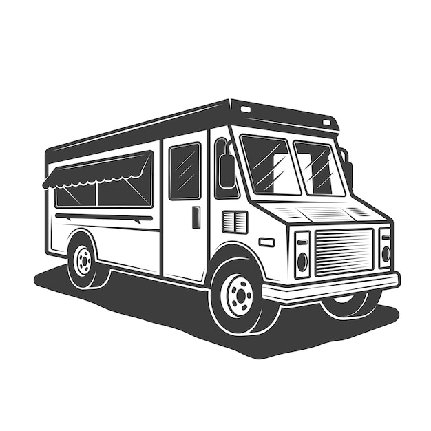 Ilustração de food truck em monocromático vintage em fundo branco