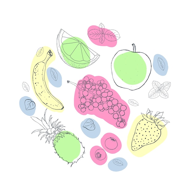 Ilustração de frutas esboço estilo pontos brilhantes composição do círculo