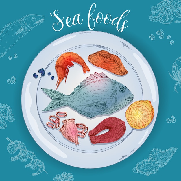 Ilustração de frutos do mar desenhados à mão