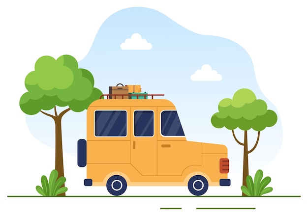 Vetor ilustração de fundo de carro de acampamento com carro de barraca e equipamento para aventura ou férias