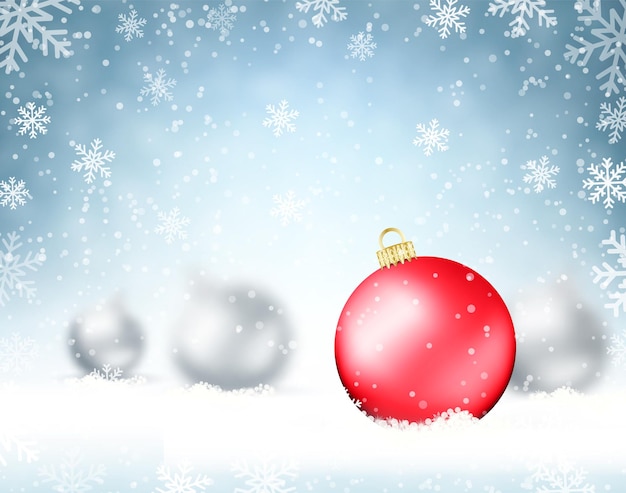 Ilustração de fundo de Natal com bolas de vidro e flocos de neve. Design de férias para cartões de ano novo, cartazes e folhetos. ilustração vetorial
